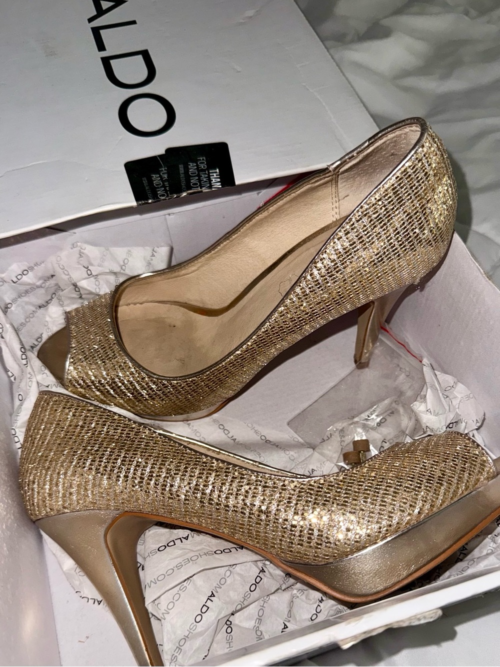 Aldo Gold Glitter Peep-Toe Pump Heels